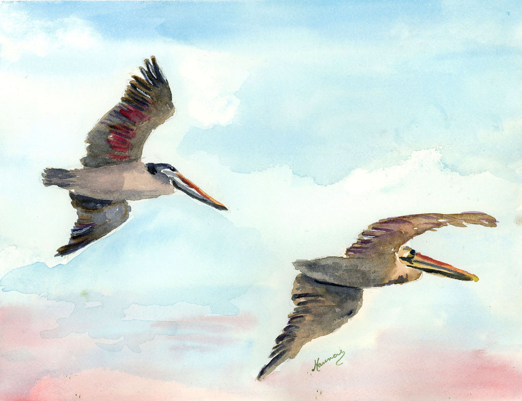 Sunset Pelicans - Original Watercolor - Marina's Watercolors